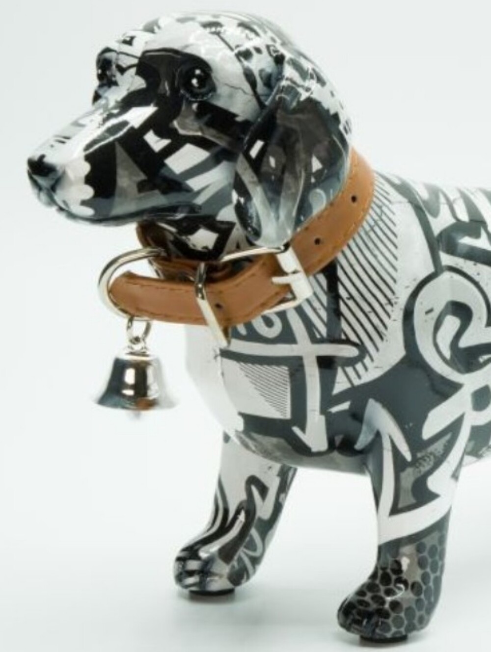 Decorative Black & White Graffiti Dachshund Dog Statue with Brown Collar